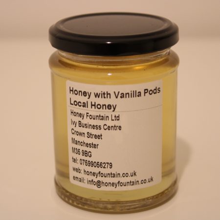 345g glass jar of local honey infused with natural vanilla beans, label clearly visible