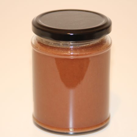 345g glass jar of raw honey blended with natural cocoa powder, label visible